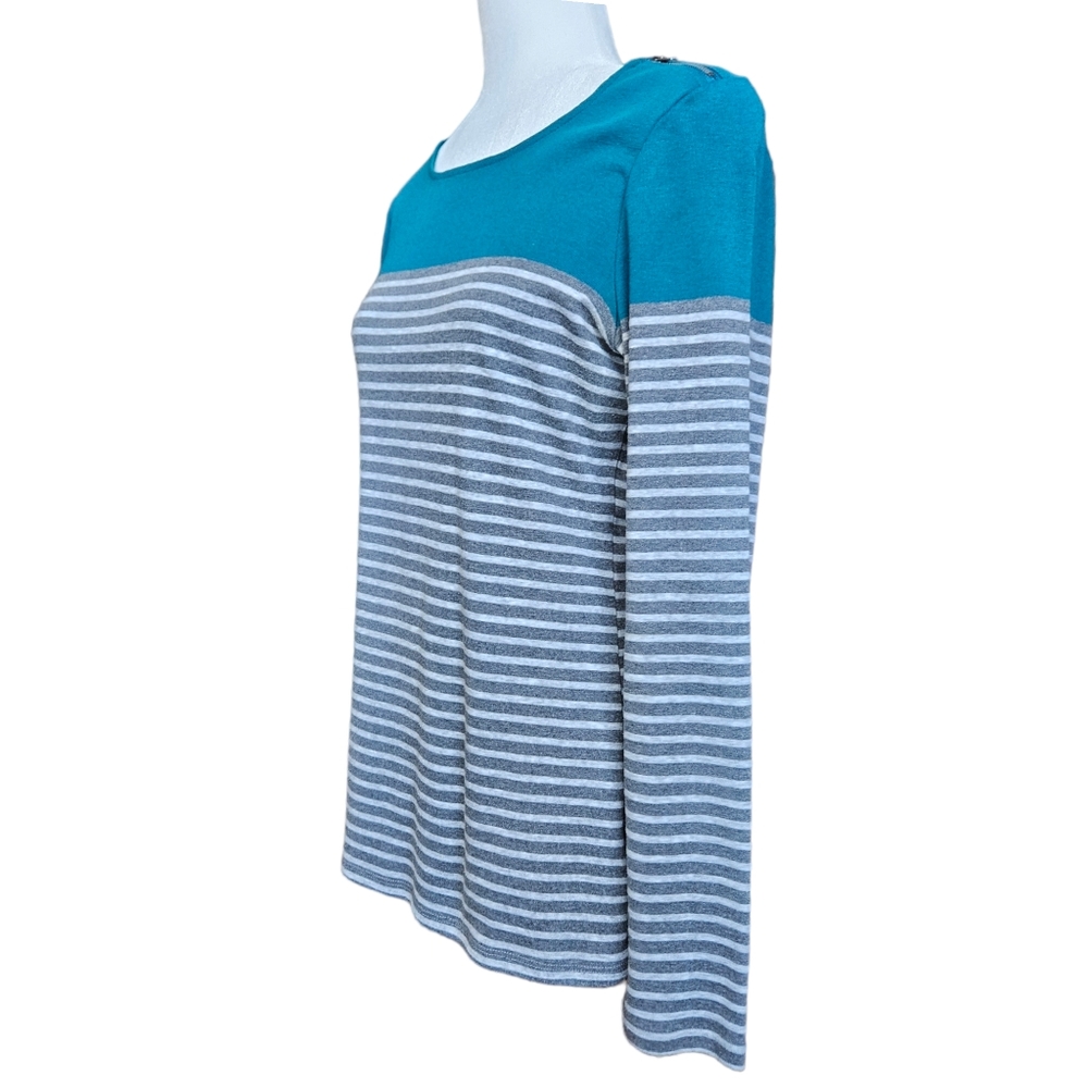 Reitmans stripped top tee sweater cowl neck one-shoulder zip long sleeve L - Picture 6 of 15